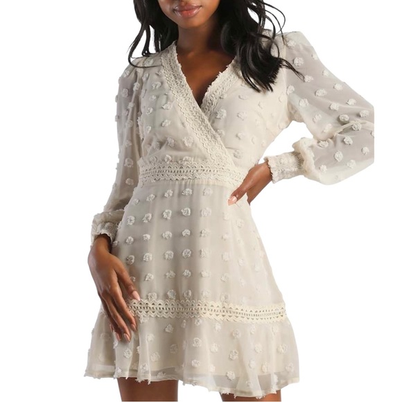Lulus Dresses & Skirts - Lulus Might Be Magic Ivory Clip Dot Lace Long Sleeve Ruffle Mini Dress Small NWT